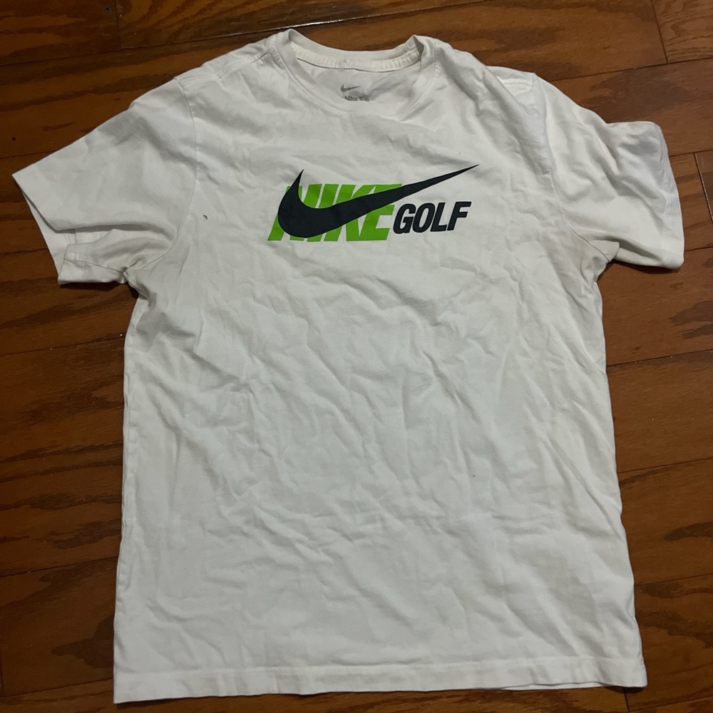 Nike Men's White Tee with Green and Black Logo